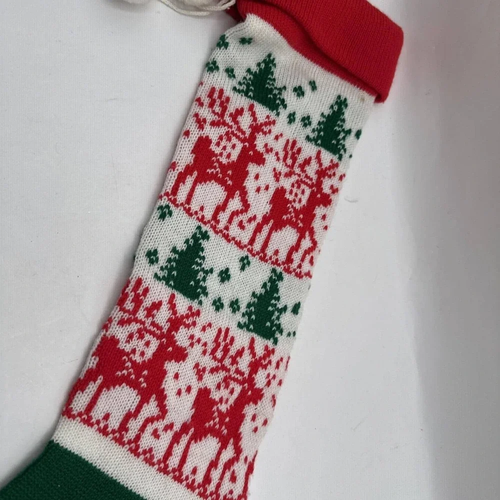 Vintage Long Knit Christmas Stocking Reindeer With Trees‎ Pom Pom 22